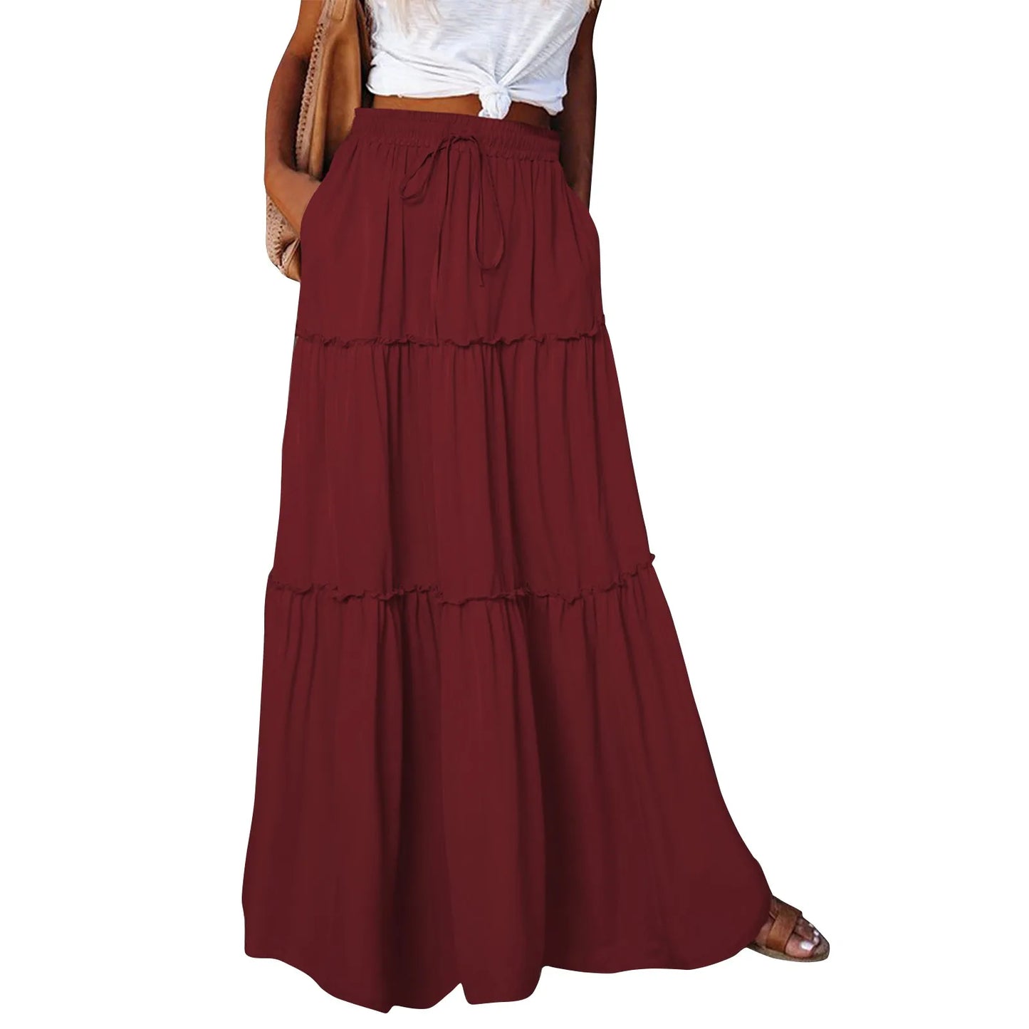 Women long skirt Fashion Solid Color Long Skirts Elastic Waist faldas Loose Casual High Waist saia Versatile Half-Body Dress