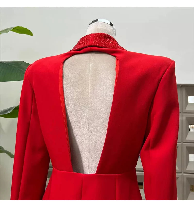 2025 autumn women's new fashion temperament deep V-neck heavy industry beading stitching design sense backless women's suit jack