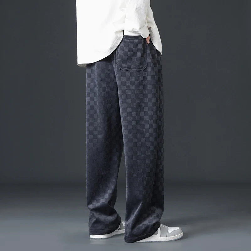 Men's Checkered Velvet Sweatpants, Loose Drawstring Trousers, Trendy Checkered Pattern, Fall and Winter Casual Streetwear