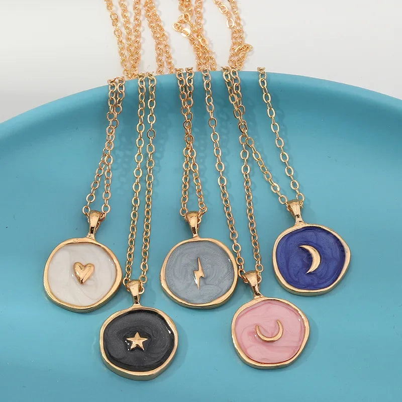 Minimalist Moon Star Enamel Necklaces for Women Girls Colorful Heart Lightning Enamel Pendant Clavicle Chain Party Daily Jewelry