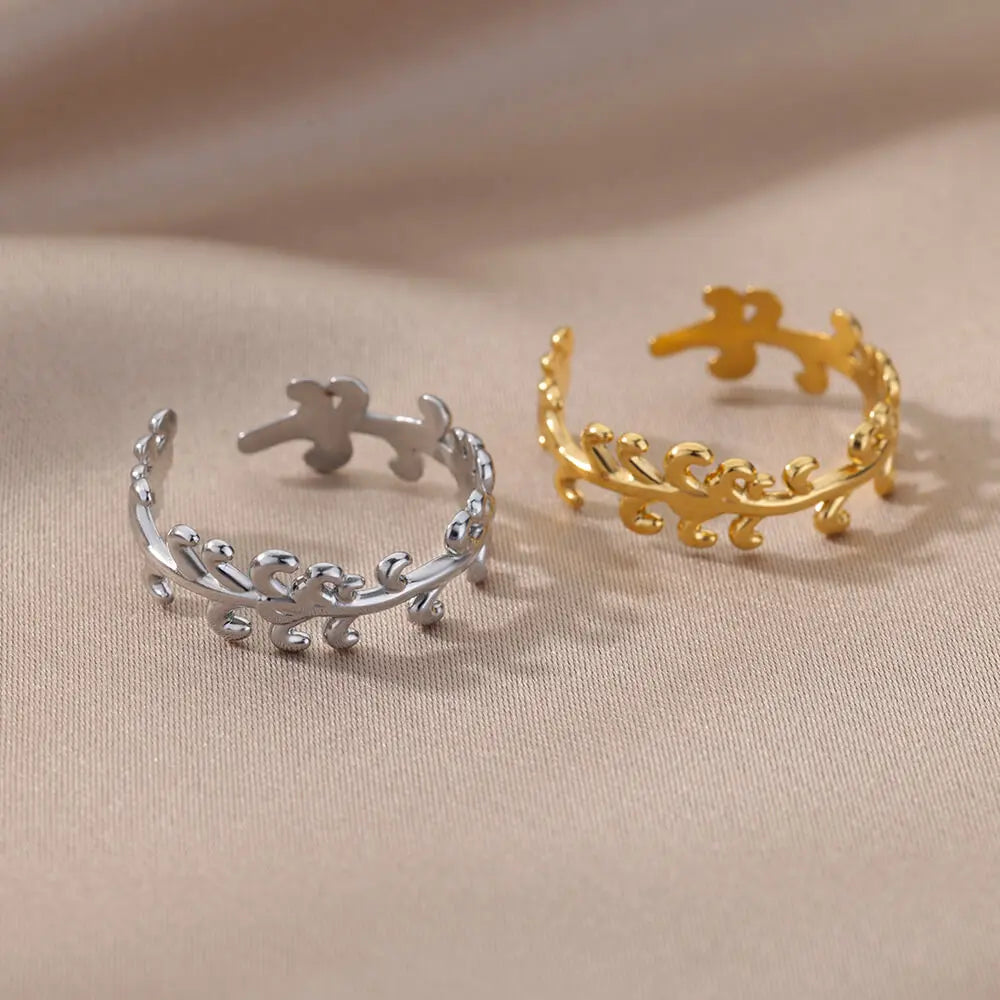 Stainless Steel Twist Chain Adjustable Rings for Women Men Simple Geometric Leave Flower Open Ring Jewelry Female Holiday Gifts