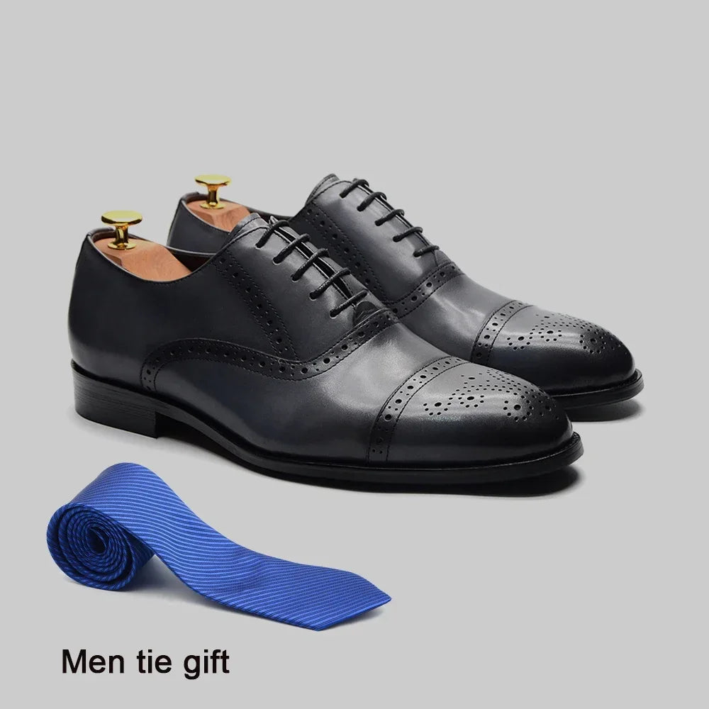 Italian Mens Dress Shoes Genuine Leather Cap Toe Oxfords Lace-up Black Brown Wedding Business Office Brogue Formal Shoes for Men