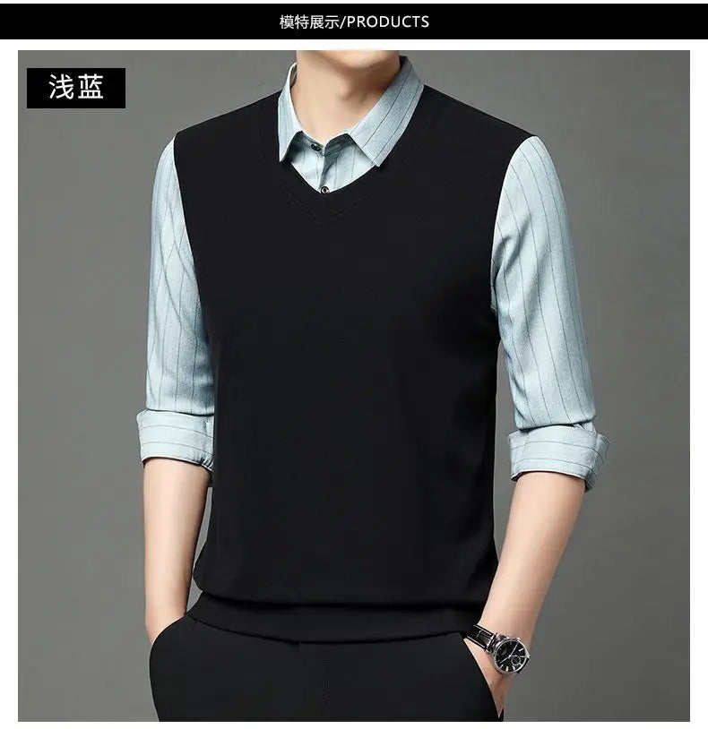 Fake Two Pieces Men Polo Shirts Turn-down Collar Striped Patchwork Business Casual Thermal Long Sleeve Comfortable Knitted Tops