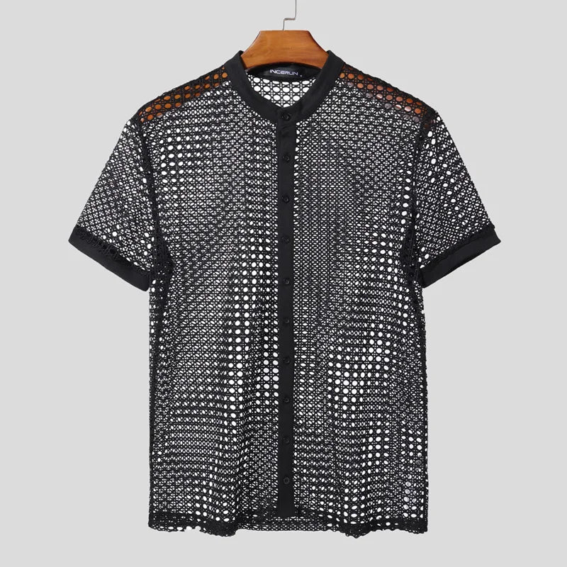 INCERUN Men Shirt Mesh See Through Hollow Out O-neck Short Sleeve Men Clothing Streetwear Summer 2025 Loose Fashion Male Tops