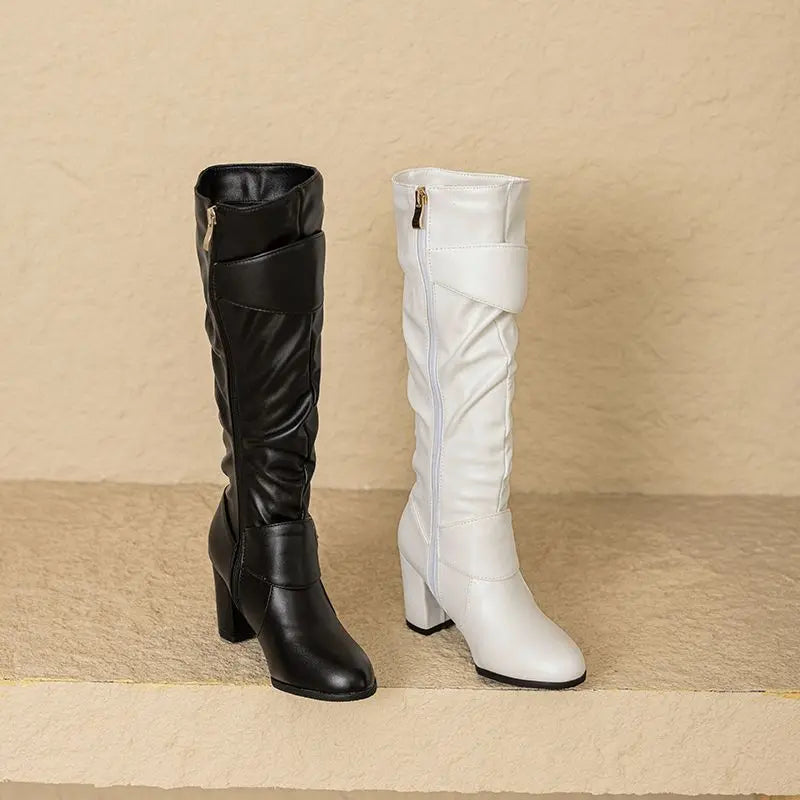 REAVE CAT Classic Women Knee High Boots Round Toe Block Heels 7.5cm 51 52 Pleated Fashion Booties