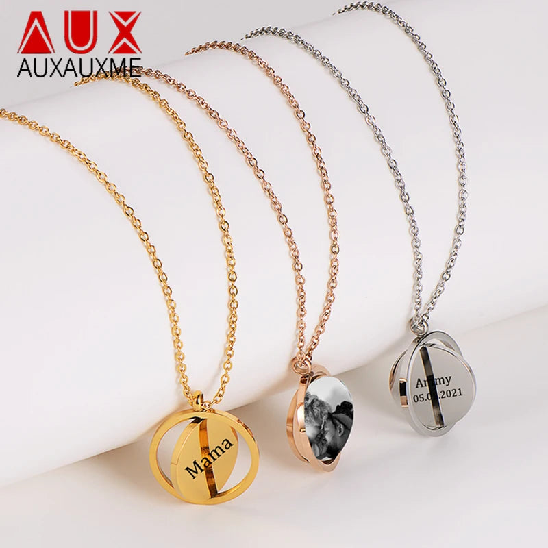 Auxauxme Custom Photo Rotatable Round Necklace for Women Men Stainless Steel Laser Engrave Name Logo Charm Pendant Jewelry Gift