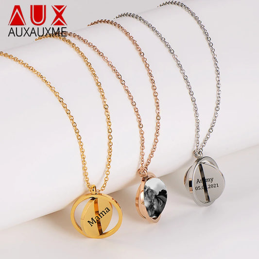 Auxauxme Custom Photo Rotatable Round Necklace for Women Men Stainless Steel Laser Engrave Name Logo Charm Pendant Jewelry Gift