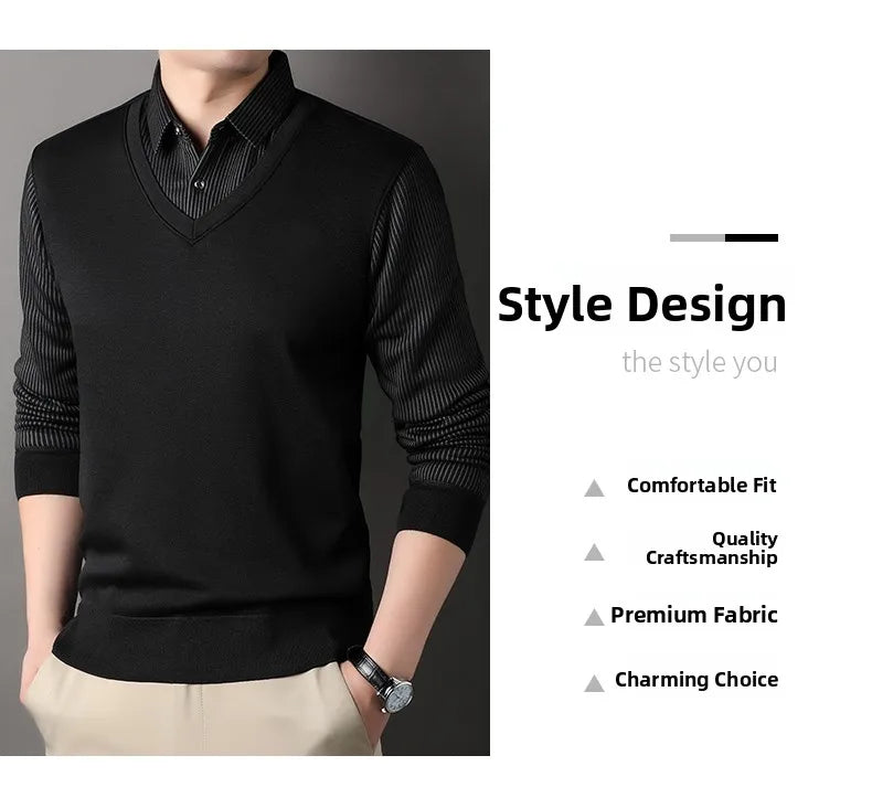 Men's Long Sve Fce Lined Knitted irt Busin Casual Sle Winter Warm Top Fake Two-Piece Design Comfortable Fit