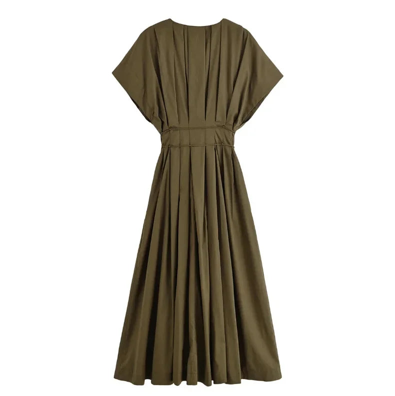 Slimming Casual Short Sleeve Pleated Shoulder Draped Dress Versatile Women's Fashion Design Knee-Length V-Neck Dress