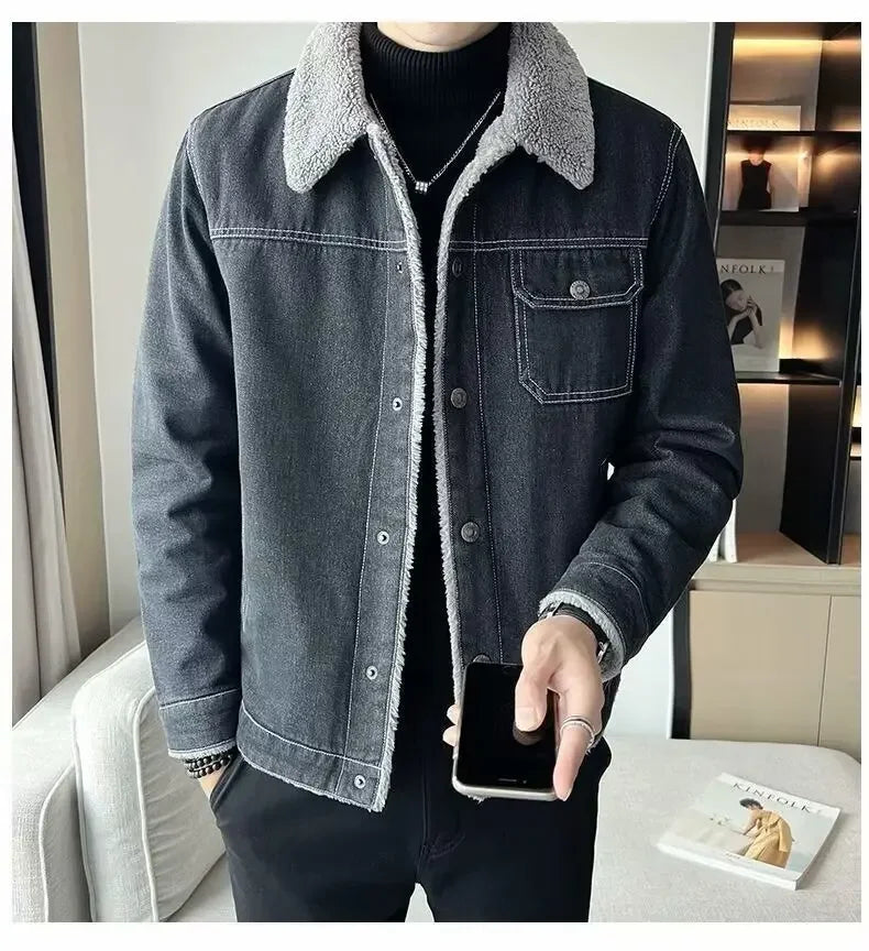 Men's Denim Jacket Winter Thickened Fleece Lined Fashionable New Arrival Hot Sale Of The Season Cotton Coat with Lamb Fur Collar