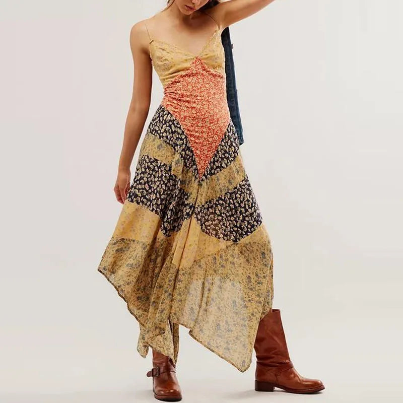 Sexy V-neck Sleeveless Slim Bohe Vacation Dress Vintage Backless Pleated Print Long Dress Elegant Irregular Women's Party Dress