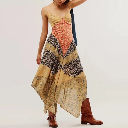 Sexy V-neck Sleeveless Slim Bohe Vacation Dress Vintage Backless Pleated Print Long Dress Elegant Irregular Women's Party Dress