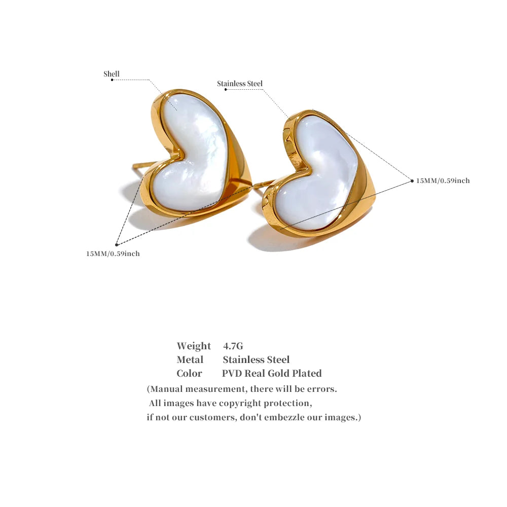 Yhpup Exquisite Stainless Steel Natural Shell Heart Love Chic Stud Earrings for Women Gold Color Fashion Charm Jewelry Bijoux