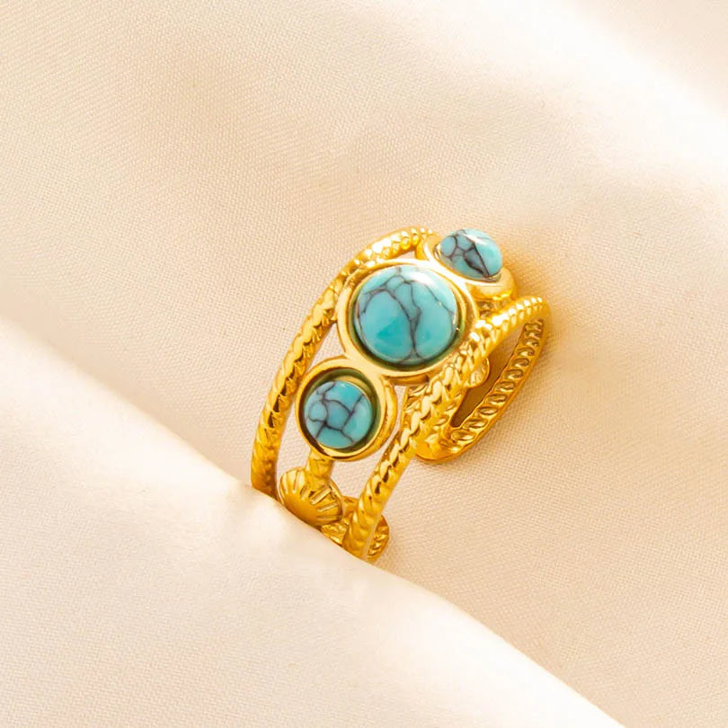 Classic Retro Turquoise Finger Jewelry Stainless Steel Rings For Women Men Accessories Open Adjustable 18k Real Gold Plated Ring