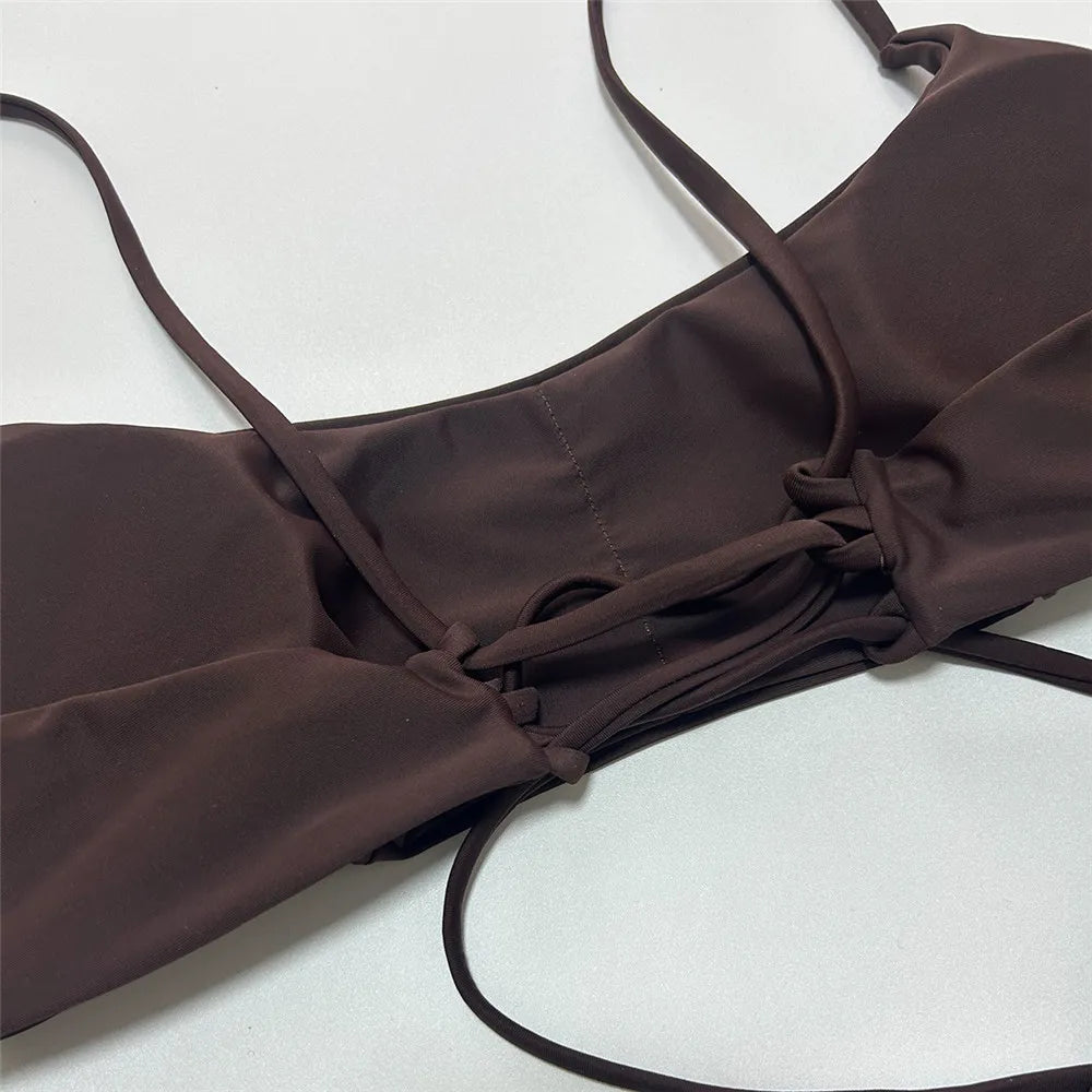 Brown Bandeau Micro Bikini Set Back String Lace-up Sexy Swimsuit Solid Swimwears Woman 2025 High Cut Bathing Suit Bikinis Femmes