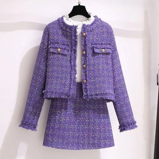 Spring Autumn High-end Skirt Set Fashion Elastic Knitted Long-sleeved Slim Cardigan High Waist Short Skirt Women's Two-piece Set