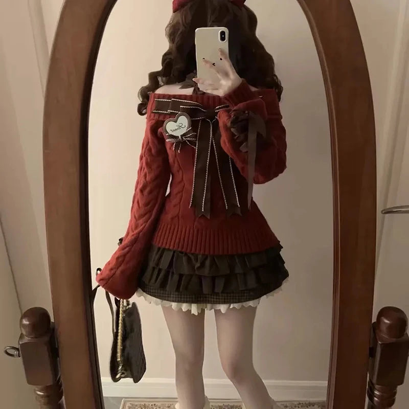 Japanese Sweet Lolita Mini knitting Skirts Women Y2K Harajuku Lace Patchwork Bow Cake Skirt High Waist Fashion A Line Skirts