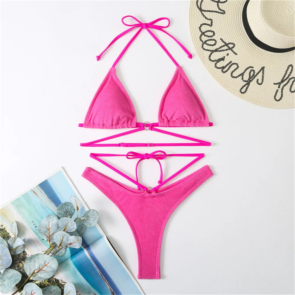 Micro String Extrem Bikini Orange Y2K Triangle Backless Swimsuit Toweling Rings Vacation Swimwear Women Push Up Beach Bath Suits