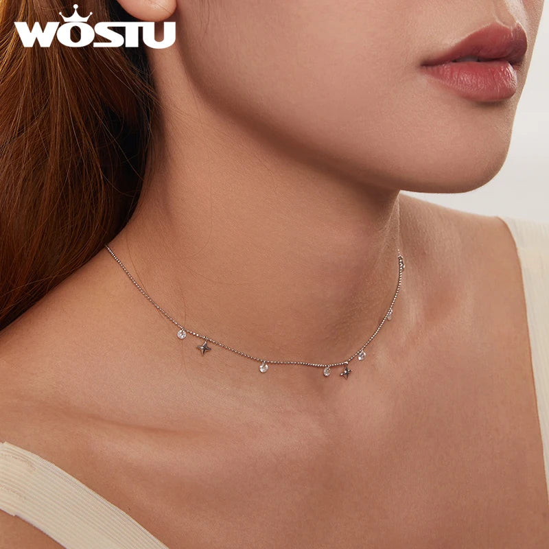 WOSTU 925 Sterling Silver Star Tassel Chain Necklace For Women AAA Zircon Wedding Stackable Necklace Fine Choker  Jewelry Gift