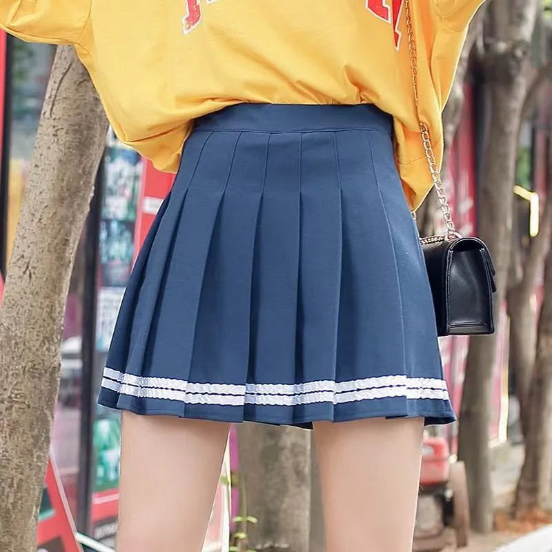 Women's Pleated Mini Skirt Elastic Waist Striped School Girl Style Summer Autumn Winter New Arrival A- Line Half-length Skirt