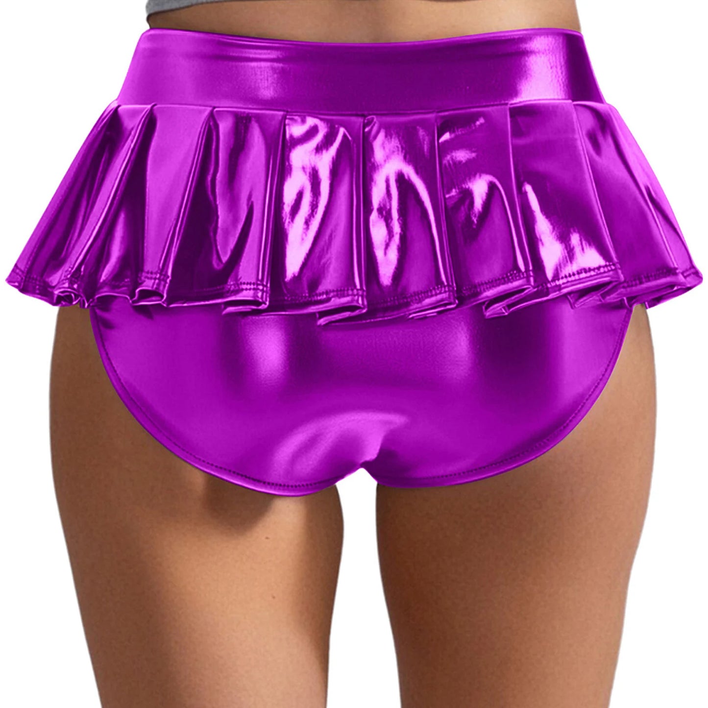 Womens Metallic Shiny Mini Skirt Elastic Waistband Pleated Skirted Underwear Culottes Micro Miniskirts Rave Party Nightclub Wear