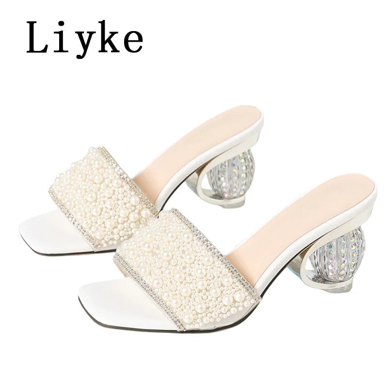 Liyke Size 36-42 Women Summer Party Slippers Fashion White Pearl Designer Sandals Female Shoes Strange High Heels Mules Slides