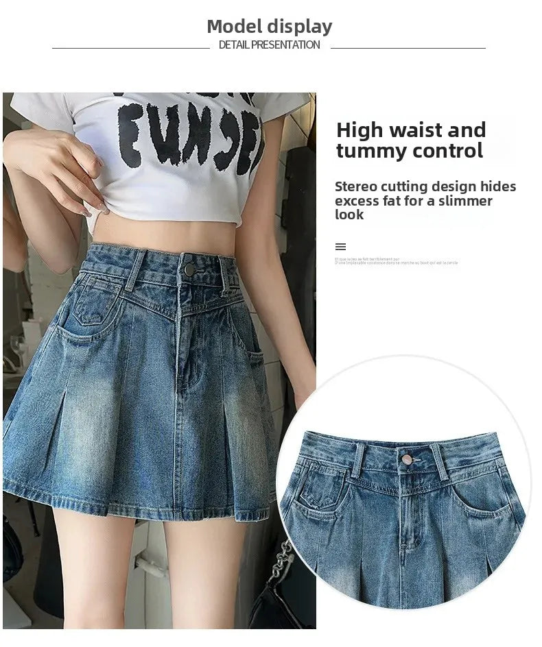 Fashionable High Waist A- Line Mini Skirt Women's Summer New Style American Retro Denim Skirts Cotton Slimming Pleated Skirts