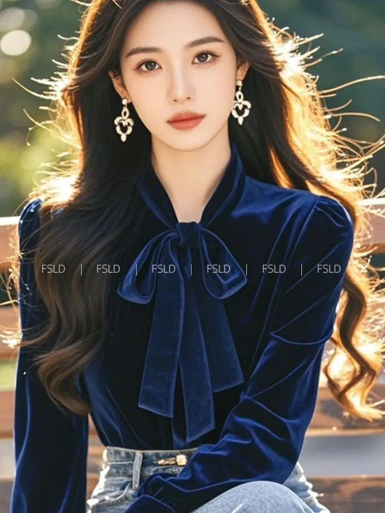 Vintage Blue Velvet Shirt Tops Spring Autumn Long Sleeve Bow Lacing All-match Temperament Blouse Office Elegant Women Clothing