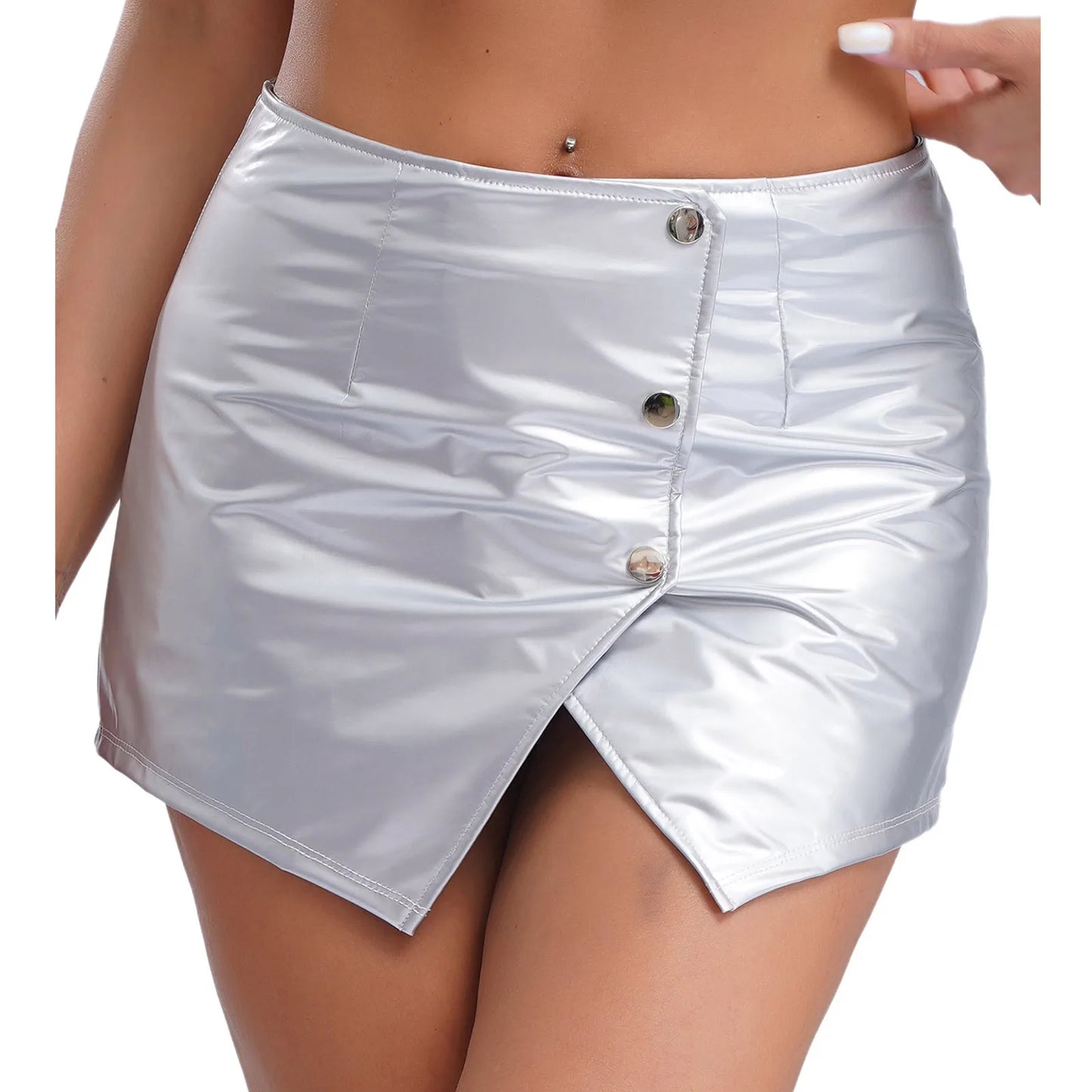 Womens Metallic Sexy Front Split Latex Mini Skirt Shiny Short Skirt Bar Clubwear Holographic Buttons Back Zipper Club Skirts
