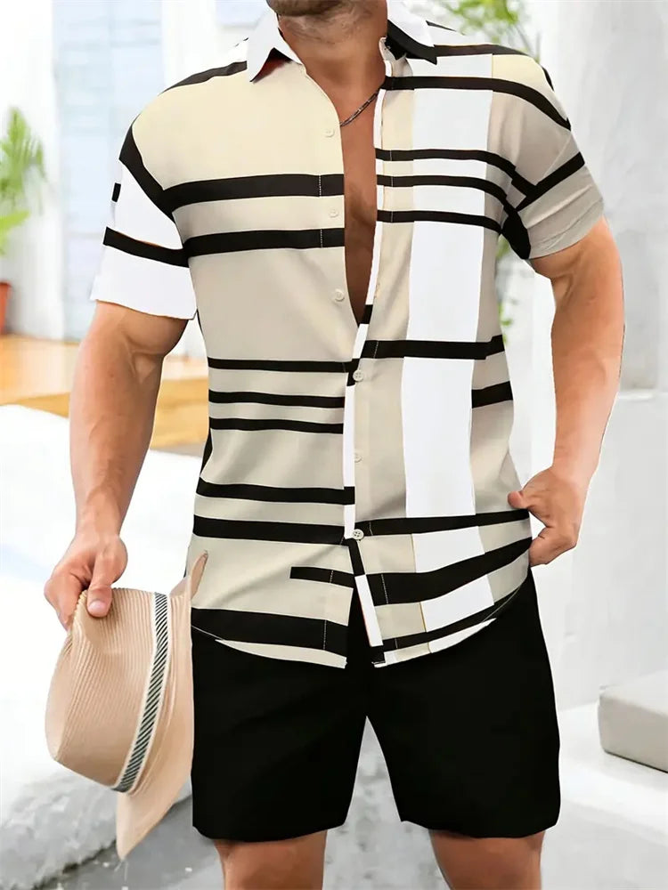 3D Printed Geometric Pattern Men's Shirt Colour Blocking Fashion Button Down Collar Short Sleeve Men's Hawaii Suit Summer Shirt