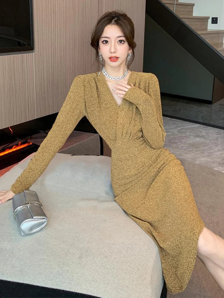 Women Clothes Casual Glitter Shiny Gold V-Neck Folds Slim Asymmetrical Dress Elegant Evening Party Birthday Vestidos Spring New