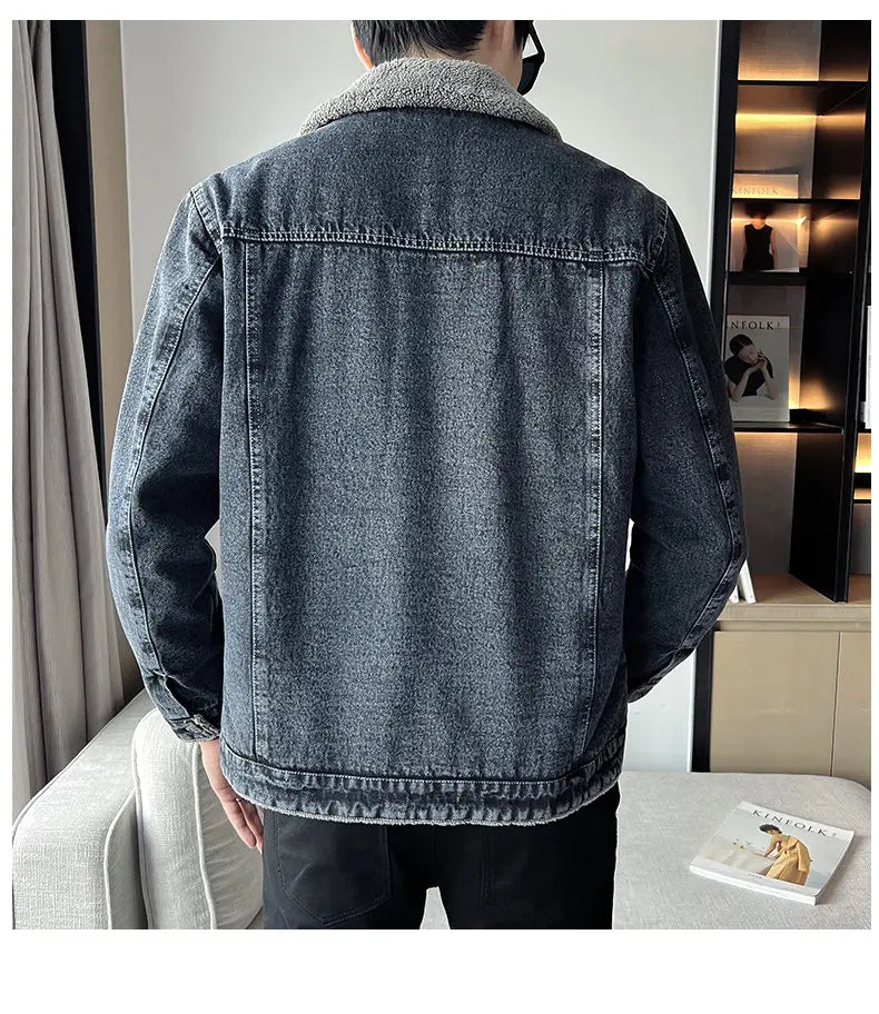 Men Denim Jacket Men Fleece Trendy Winter Velvet Coats 2025 Men Korean Slims Casual Thick Jacket Male Lamb Fur Casual Outerwear