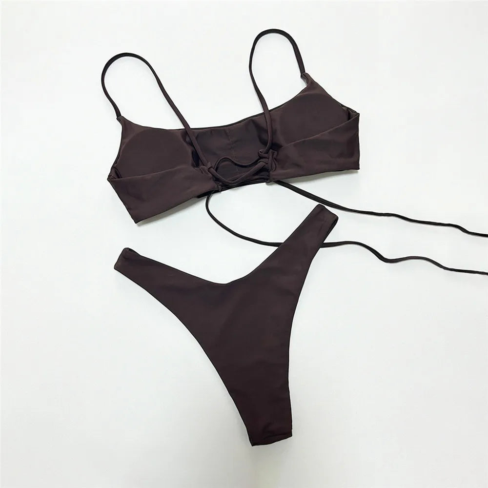 Brown Bandeau Micro Bikini Set Back String Lace-up Sexy Swimsuit Solid Swimwears Woman 2025 High Cut Bathing Suit Bikinis Femmes