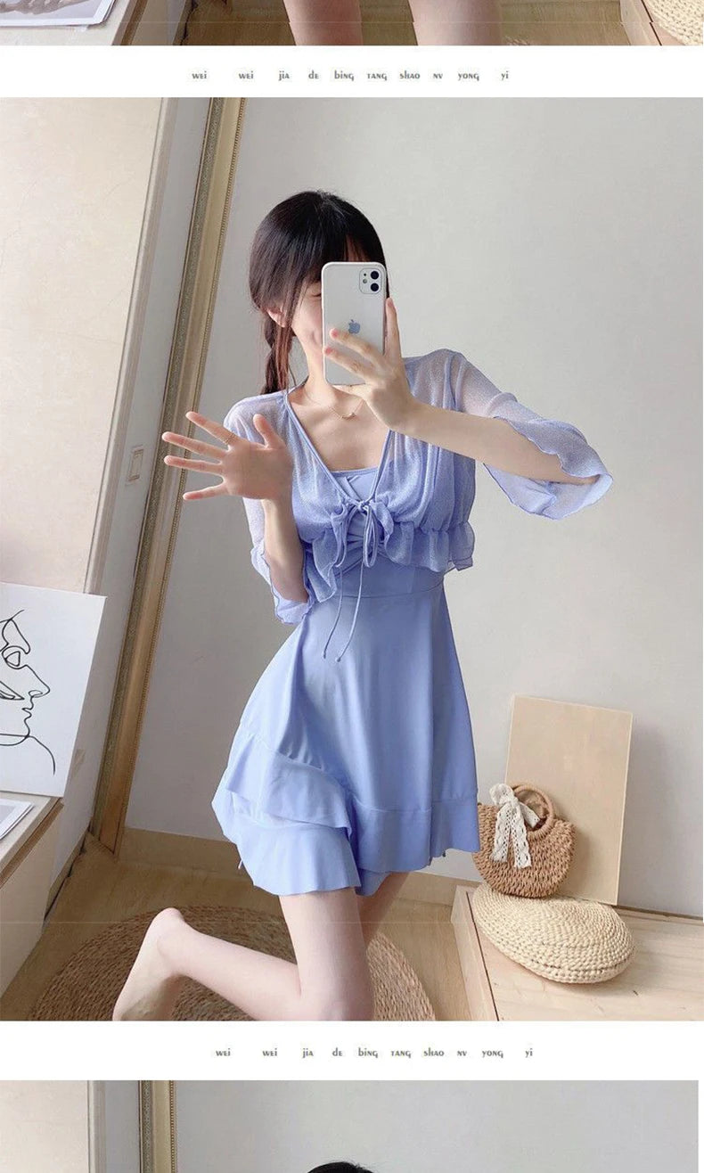 Women's High-End Bikini Tee-Piece Set Skirt Sle Faionable Thermal Spa Swimsuit Meat Covering Slimming Beachwear