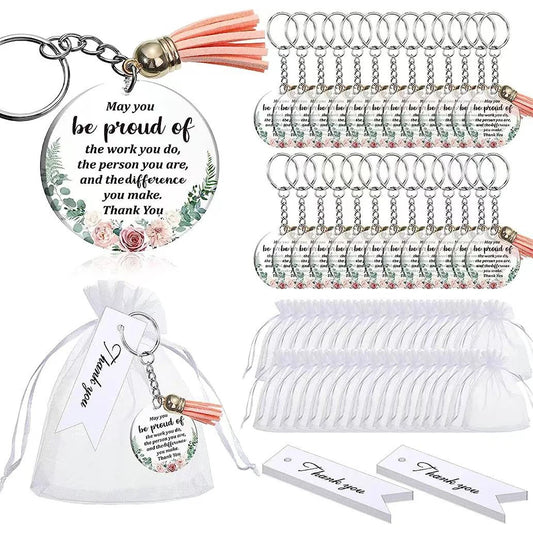 48set Thank You Gift Inspirational Keychains Acrylic Keychain with Tassels Organza Bags for Teacher Birthday Graduation Gift