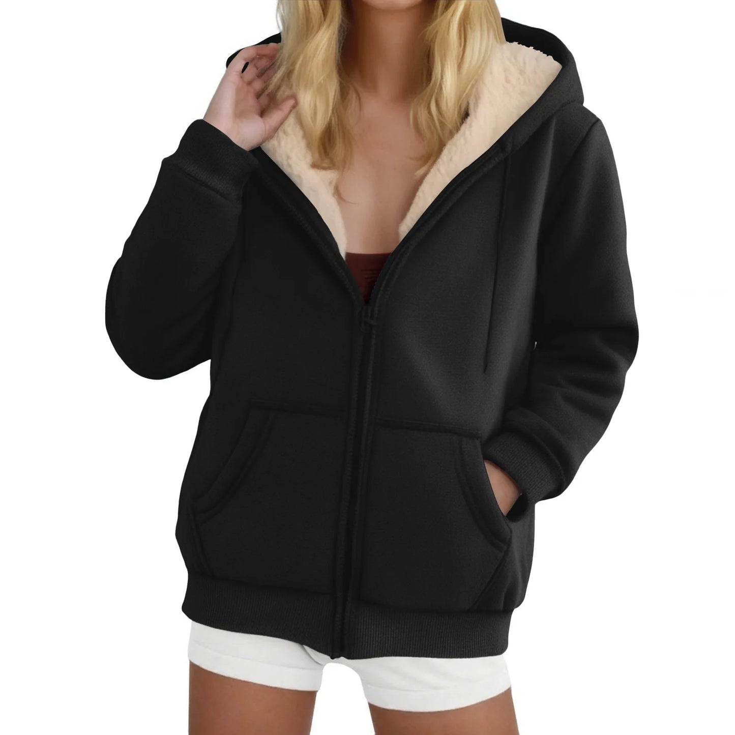 Women's Fleece-Lined Thickened Hooded Sweatshirt Solid Color Autumn Winter Thick Warm Hoodies Zipper Up Pocket Loose Jackets