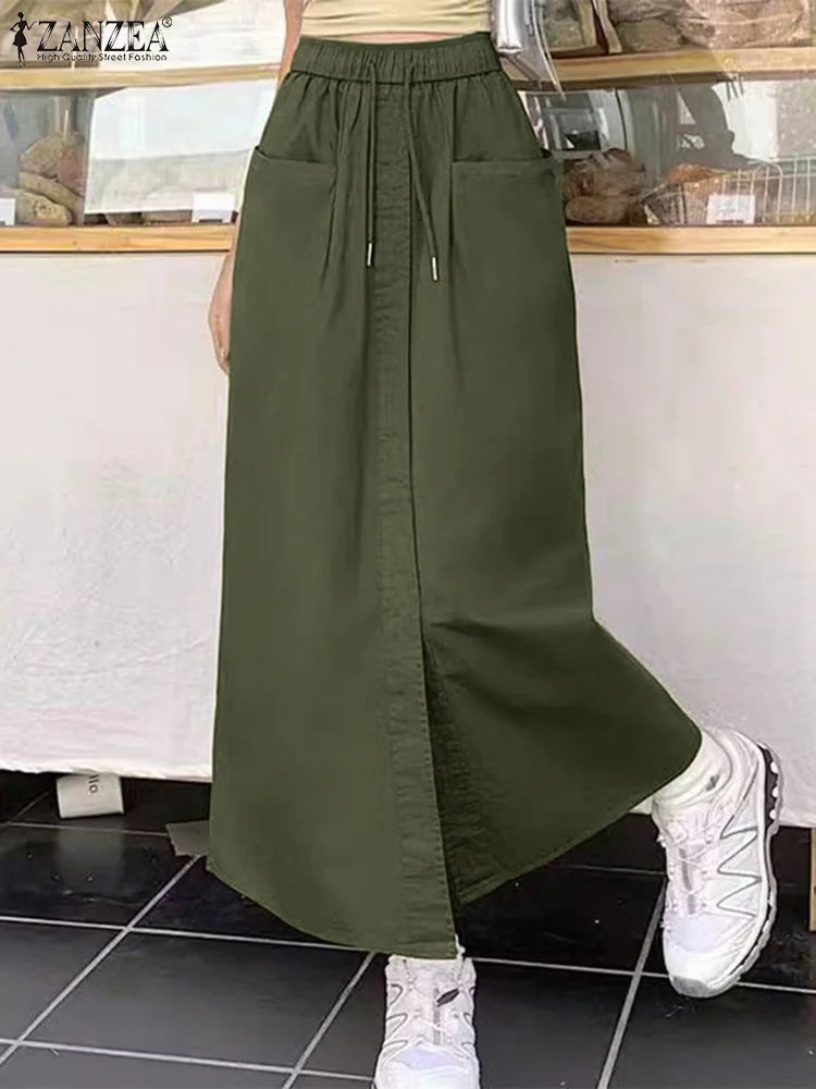 ZANZEA Fashion Women Autumn High Waist Skirts Solid Long Jupes Elegant OL Work Faldas Saia Stylish Holiday Midi Skirt Streetwear