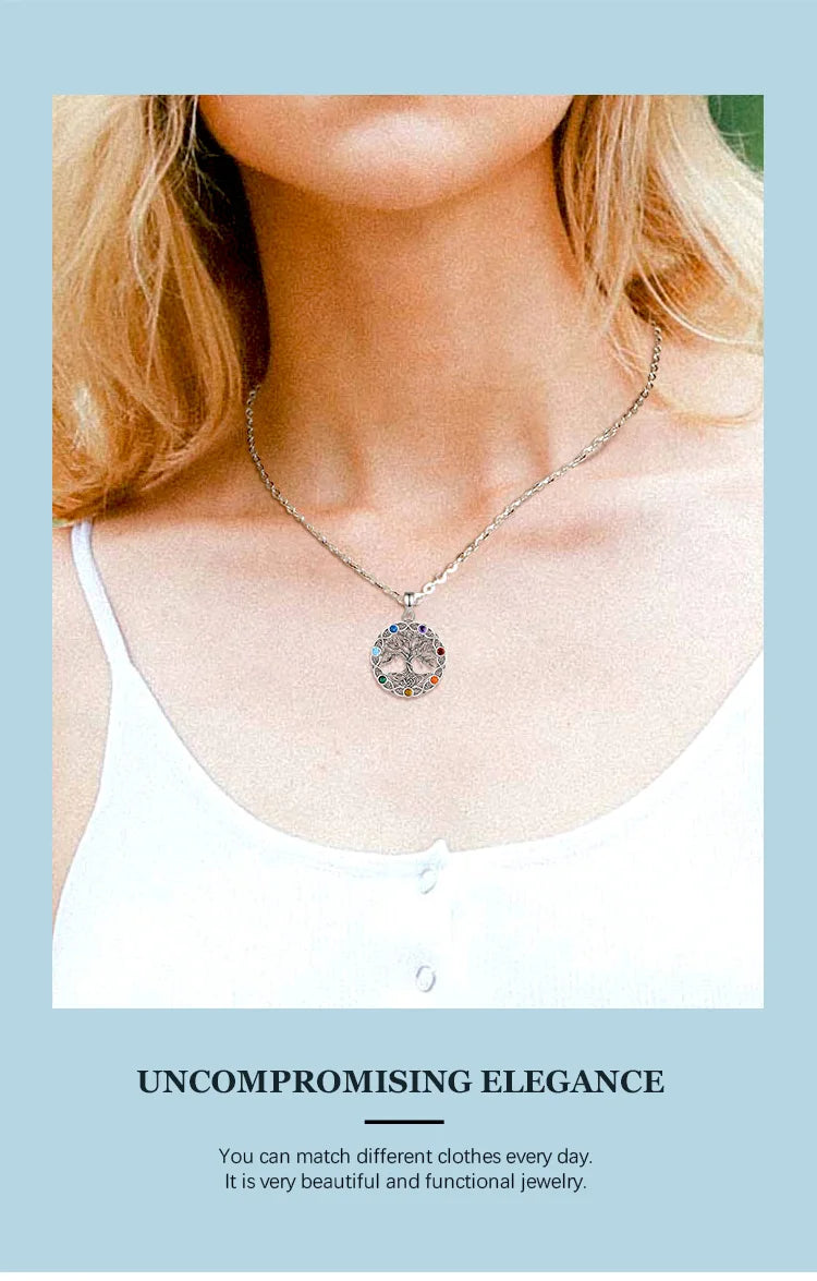 Eudora Original 925 Sterling Silver Tree of Life Necklace for Women Man 7 Color Chakra Pendant Tree Jewelry Mom Grandma Gifts