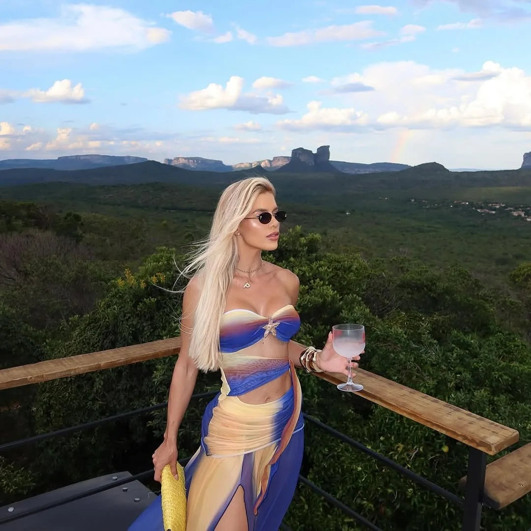 Bandage Swimwear with Skirt Slit Skirt Gradient Swimsuit Long Skirt Suit Swimsuits Women Bathing Suits Summer Beachwear Biquini