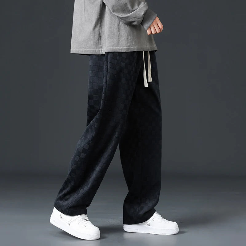 Men's Checkered Velvet Sweatpants, Loose Drawstring Trousers, Trendy Checkered Pattern, Fall and Winter Casual Streetwear