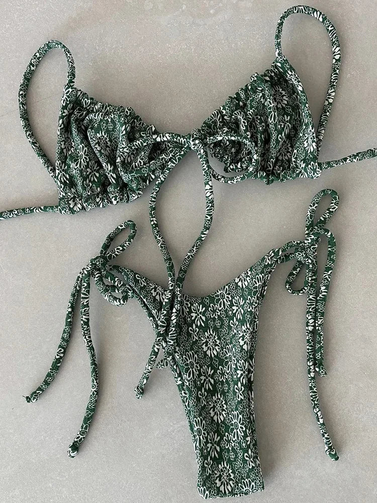 Sexy Printed Ruffled Frilled Thong Bikini Women Swimwear Female Swimsuit Two Pieces Bikini set Micro String Bathing Suit Swim