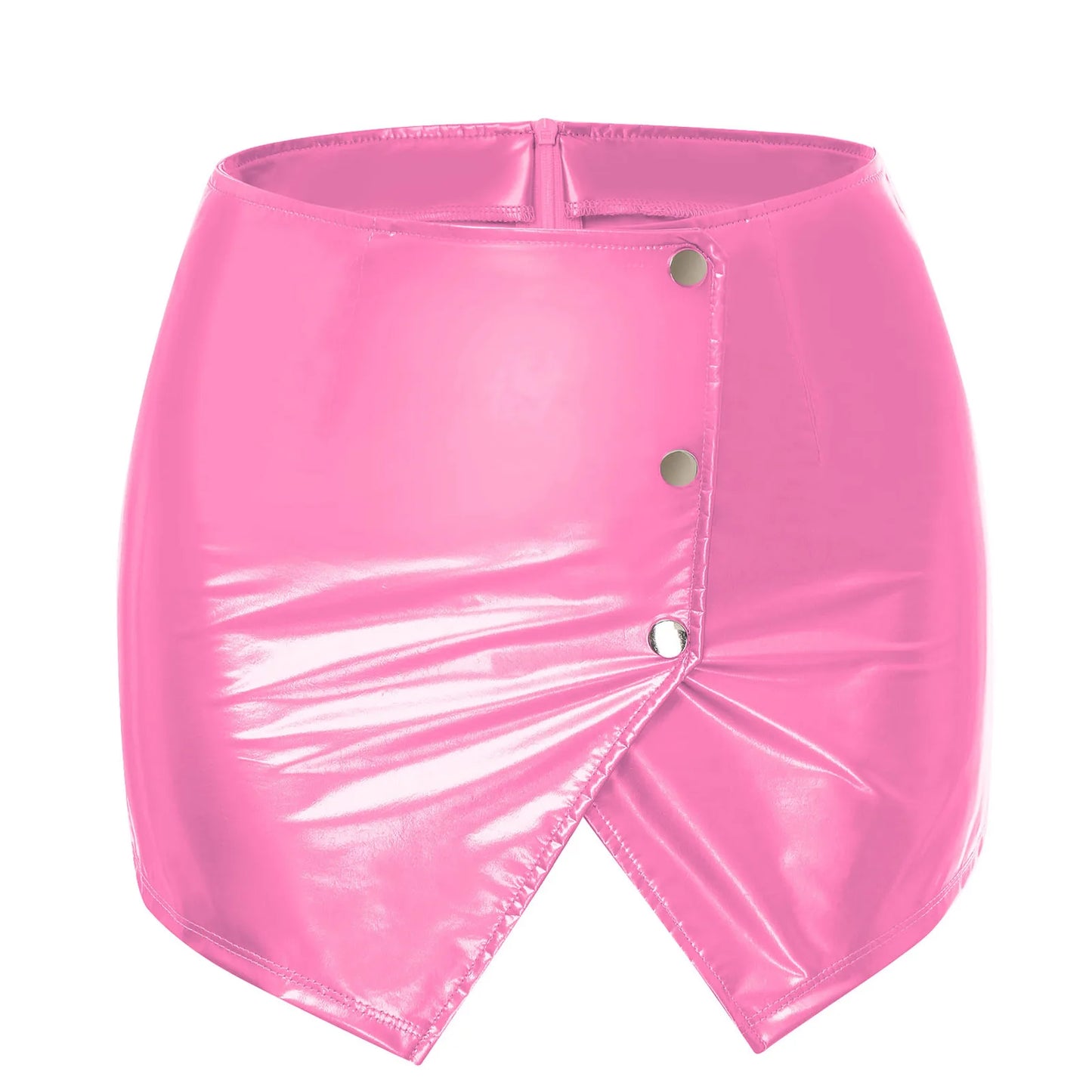 Womens Metallic Sexy Front Split Latex Mini Skirt Shiny Short Skirt Bar Clubwear Holographic Buttons Back Zipper Club Skirts