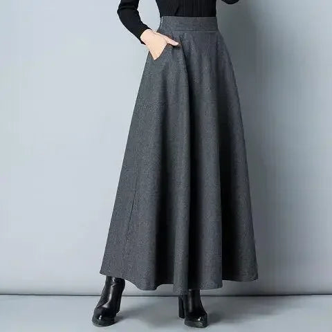Autumn and Winter Solid Color Woolen Skirt Big Hem A- line Skirt High Waist Long Woman Skirts Mujer Faldas Saias Mulher