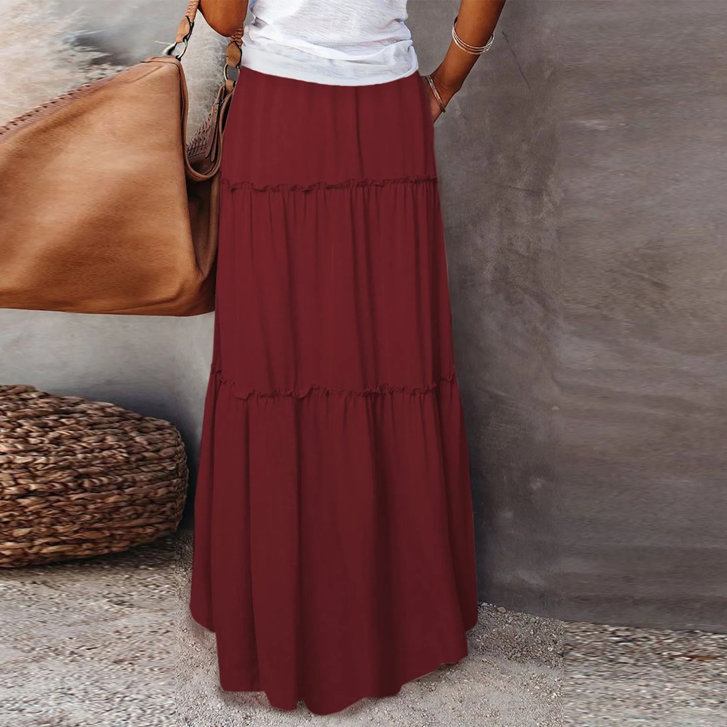 Women long skirt Fashion Solid Color Long Skirts Elastic Waist faldas Loose Casual High Waist saia Versatile Half-Body Dress