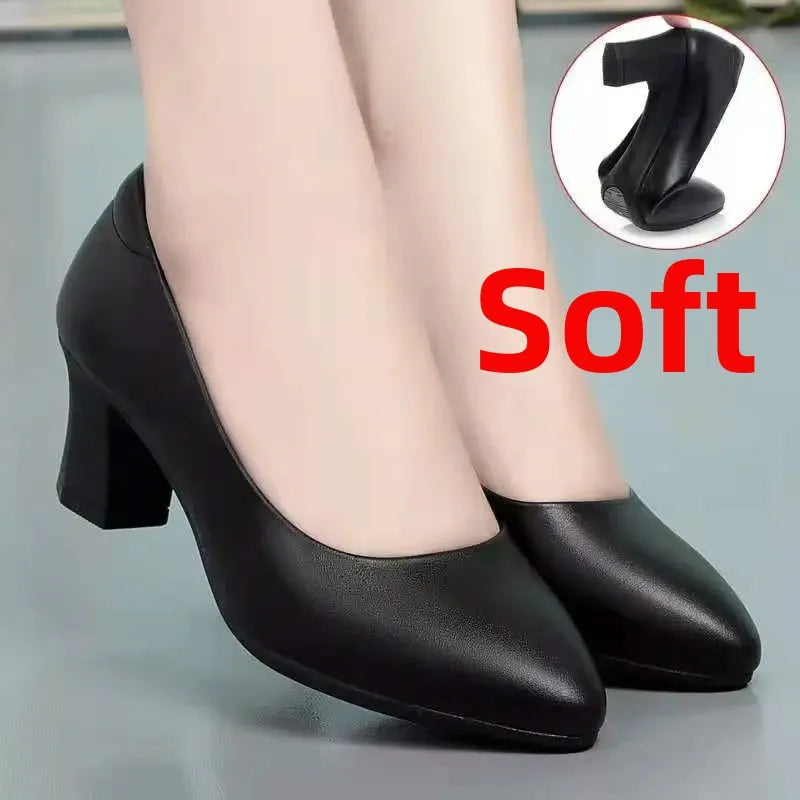 Black Interview Shoes for Women Hotel Work High Heel Soft Bottom Leather Single Shoes Summer Season Adult Footwear