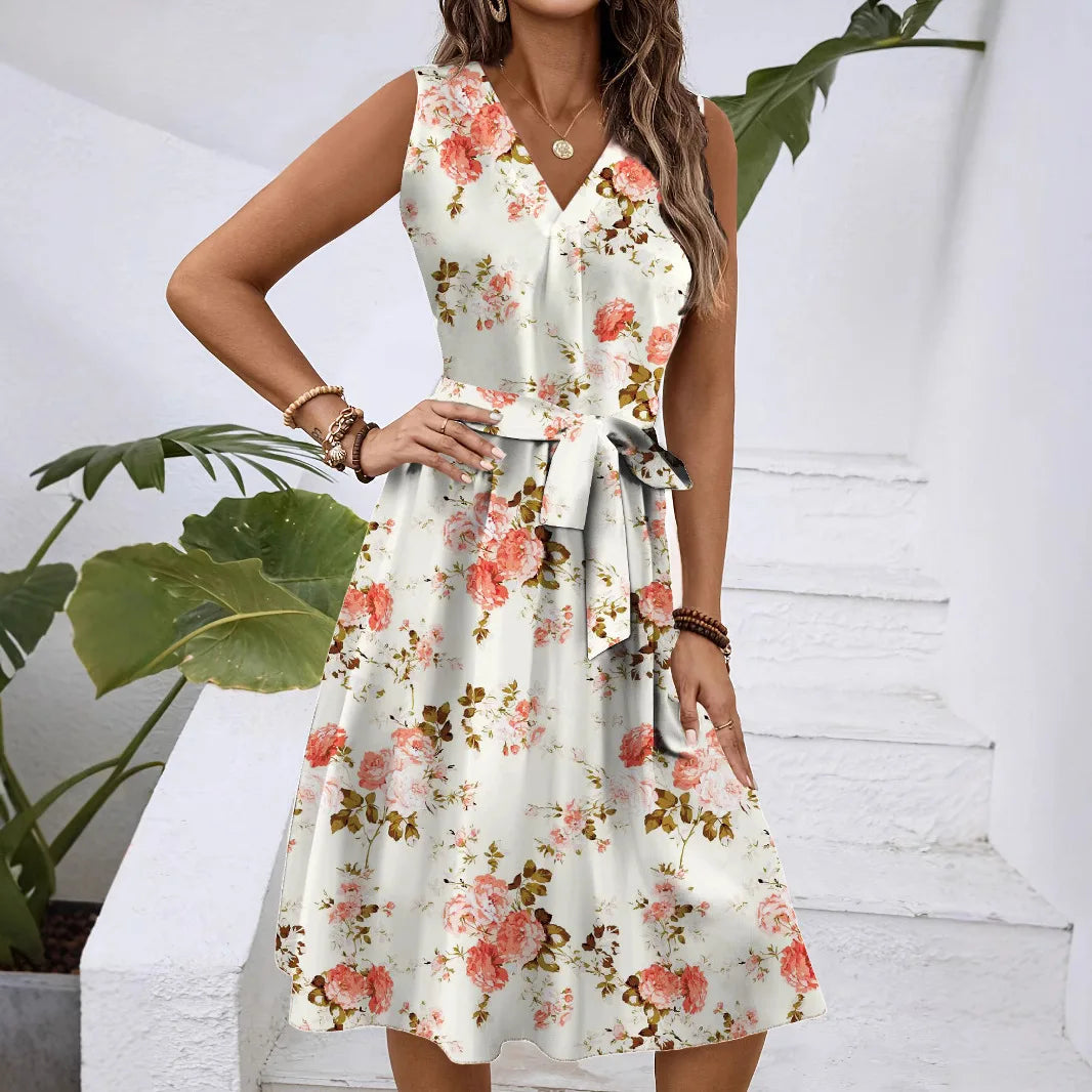 Dress Women Flower Print Dresses Sleeveless V Neck Lace Up Tight Waist Knee Length A Line Office Lady 2025 Summer Vestidos