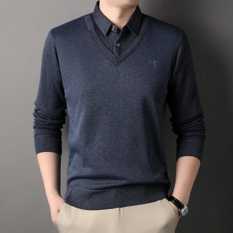 Autumn and Winter New Collection with Fleece Fake Two Piece Long Sleeved Polo Shirt for Men Fashionable and Casual Versatile Top