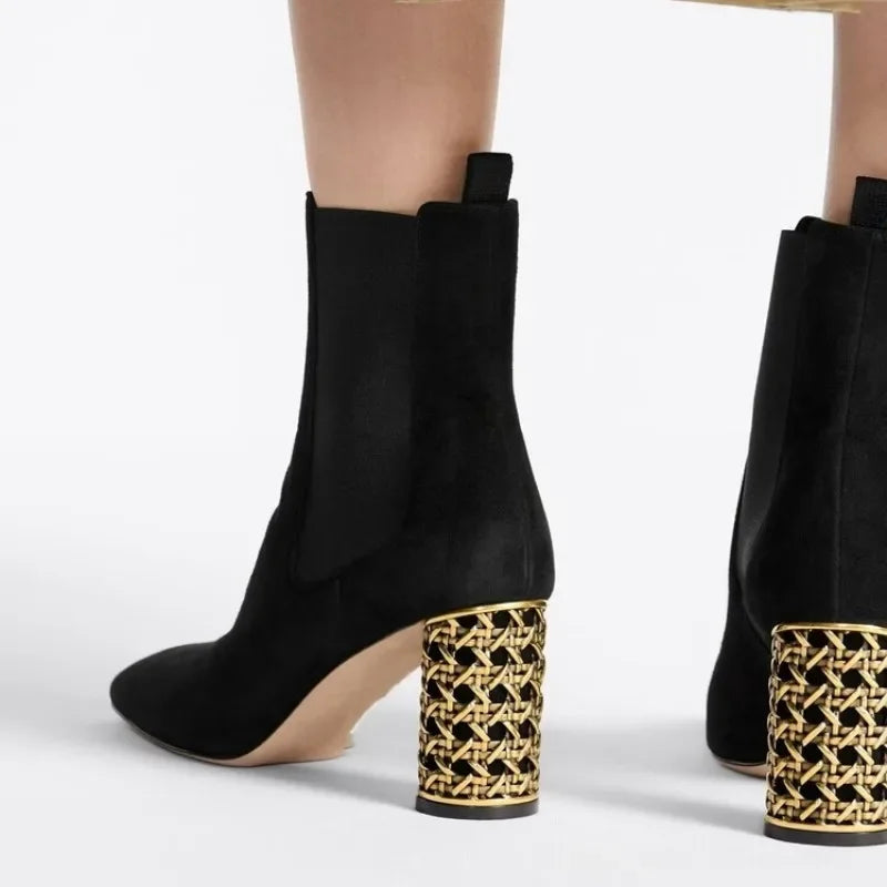 New Black Suede Personalized Hollow Out Heel Short Boots Autumn Winter Fashion Commuting Shopping Women's Ankle Boots Size 34-43