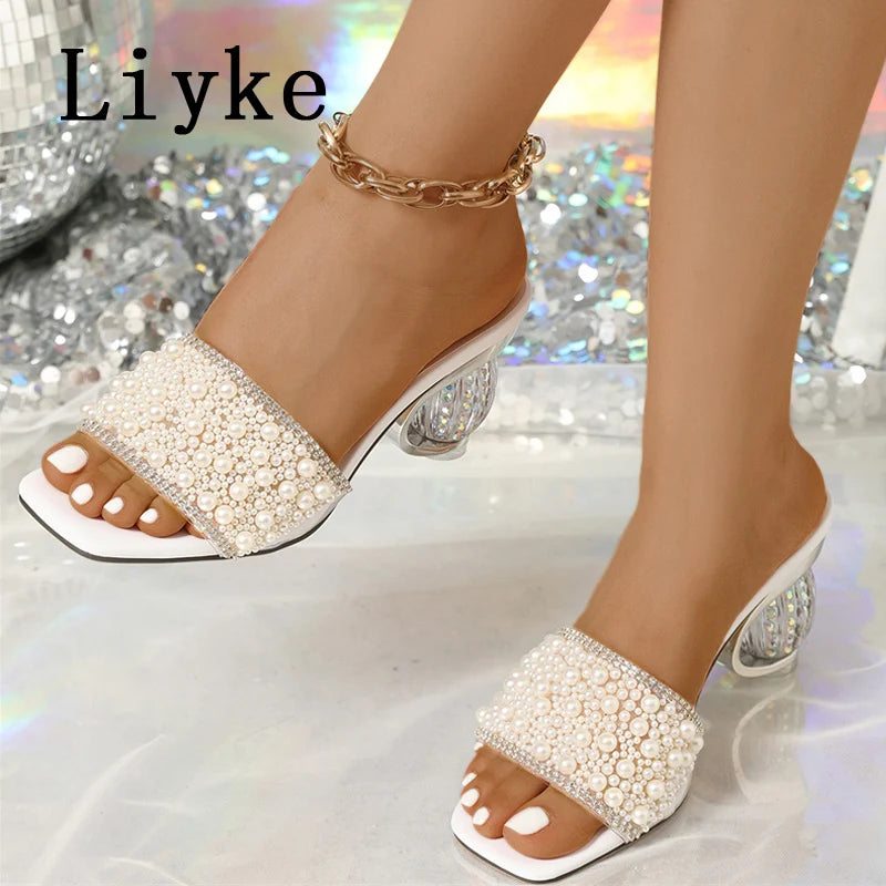 Liyke Size 36-42 Women Summer Party Slippers Fashion White Pearl Designer Sandals Female Shoes Strange High Heels Mules Slides