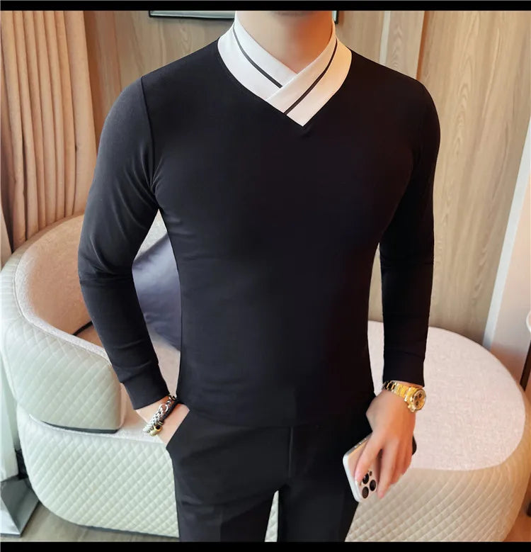Autumn Winter Men's Mock Neck Long Sleeved T-shirt Slim Fit Elastic Solid Color Base Shirt Versatile Casual Business T-shirts
